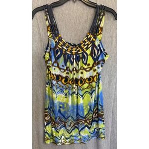 Dusak Designs Tank‎ Top Blue Green Ikat Embellished Boho Festival Womens Large